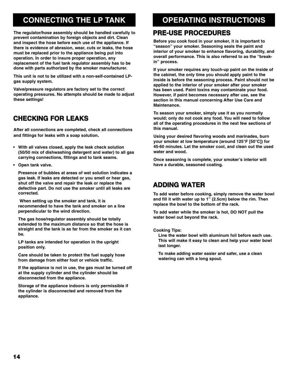 Operating instructions connecting the lp tank | Sears 125.15884800 User Manual | Page 14 / 36