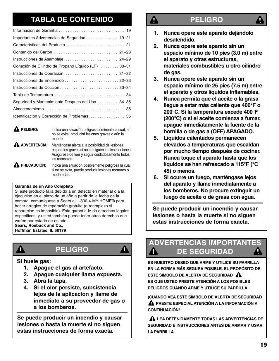 Peligro | Sears 125.15884800 User Manual | Page 19 / 36