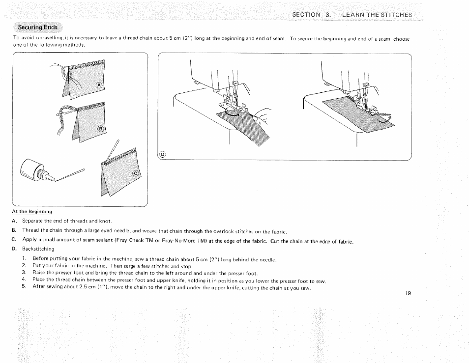 Securing ends, Securing ends ~20 | Sears OVERLOCK 3/4D 385.16631 User Manual | Page 24 / 53