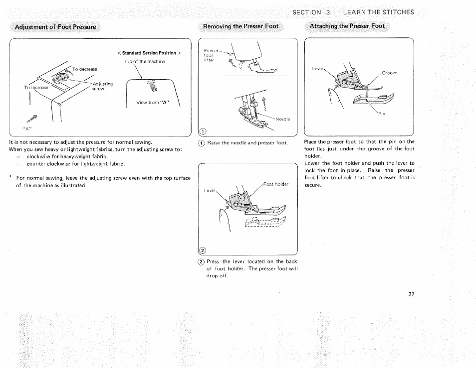 Adjustment of foot pressure, Removing the presser foot, Attaching the presser foot | Sears OVERLOCK 3/4D 385.16631 User Manual | Page 32 / 53