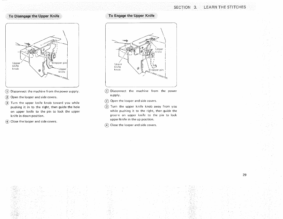 To disengage the upper knife, To engage the upper knife | Sears OVERLOCK 3/4D 385.16631 User Manual | Page 34 / 53
