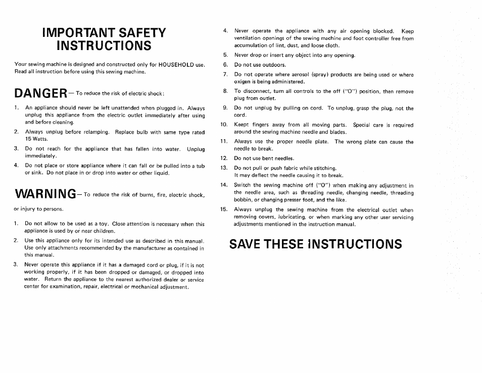 Important safety instructions, Danger, Warning | Save these instructions | Sears OVERLOCK 3/4D 385.16631 User Manual | Page 5 / 53