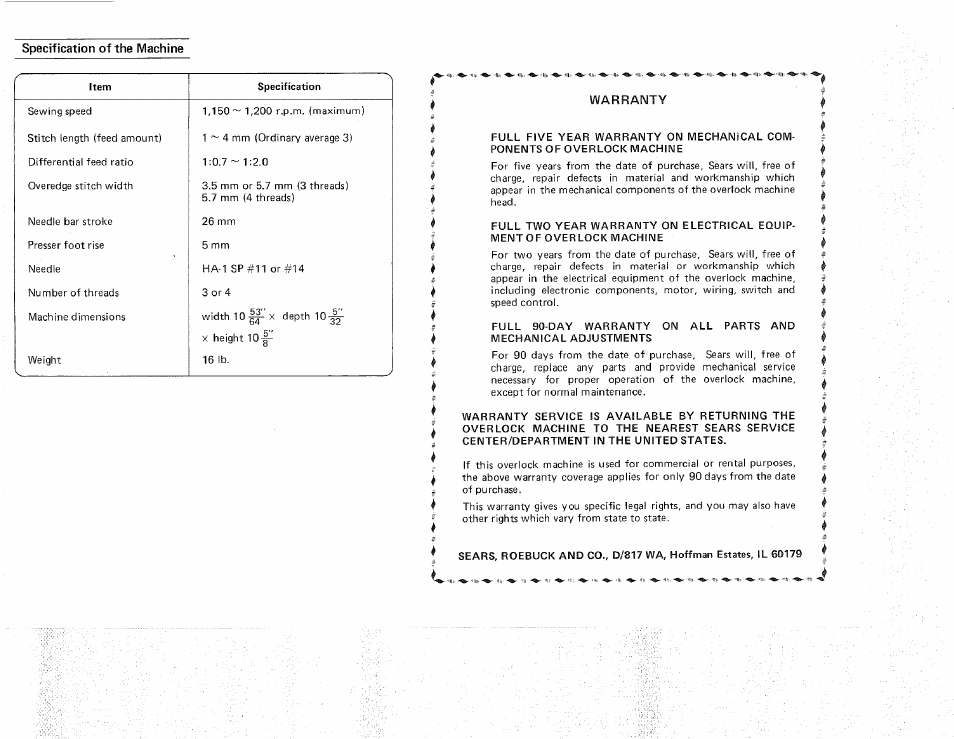 Specification of the machine, Warranty | Sears OVERLOCK 3/4D 385.16631 User Manual | Page 52 / 53