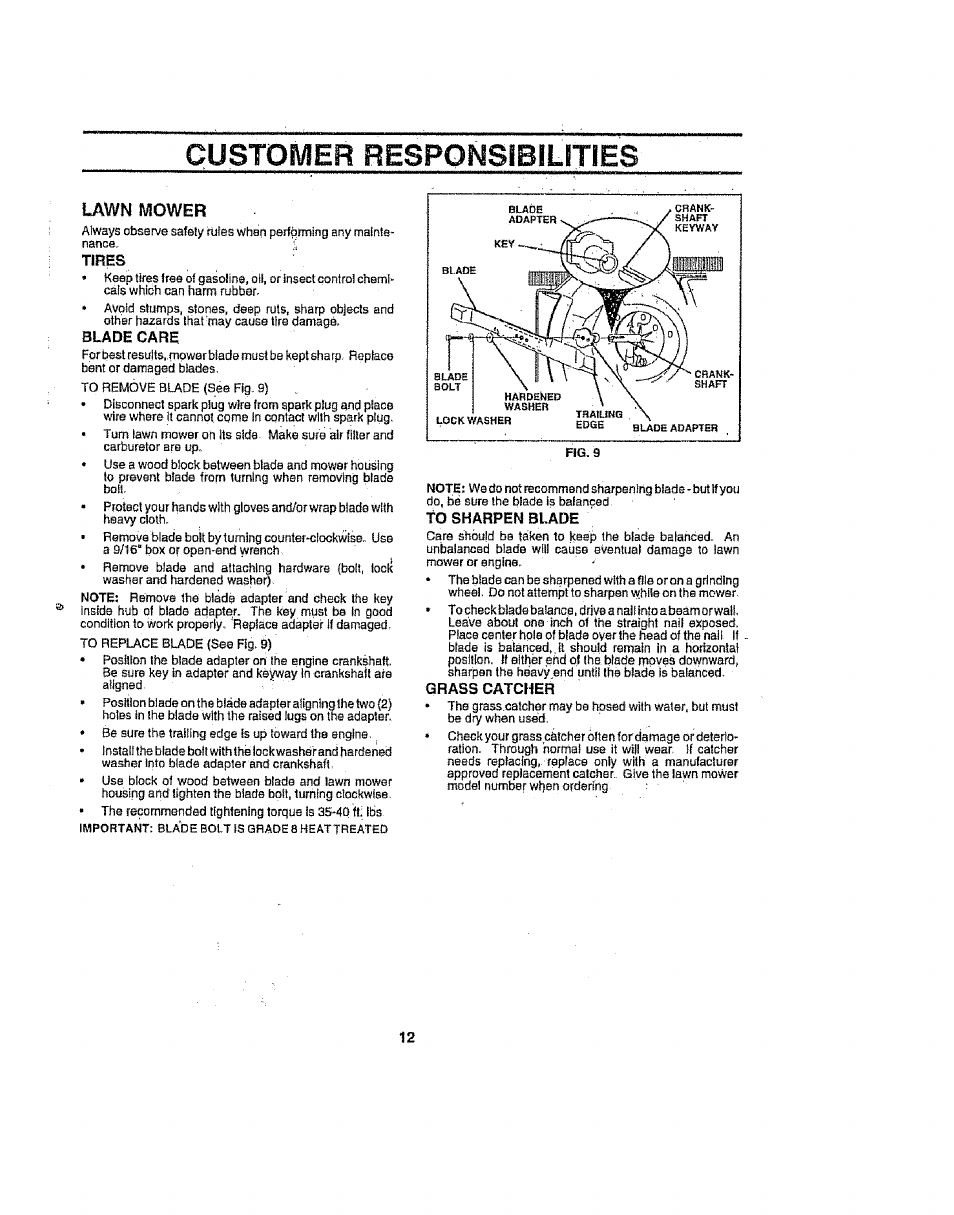 Lawn mower, Customer responsibilities | Sears 917386121 User Manual | Page 12 / 24