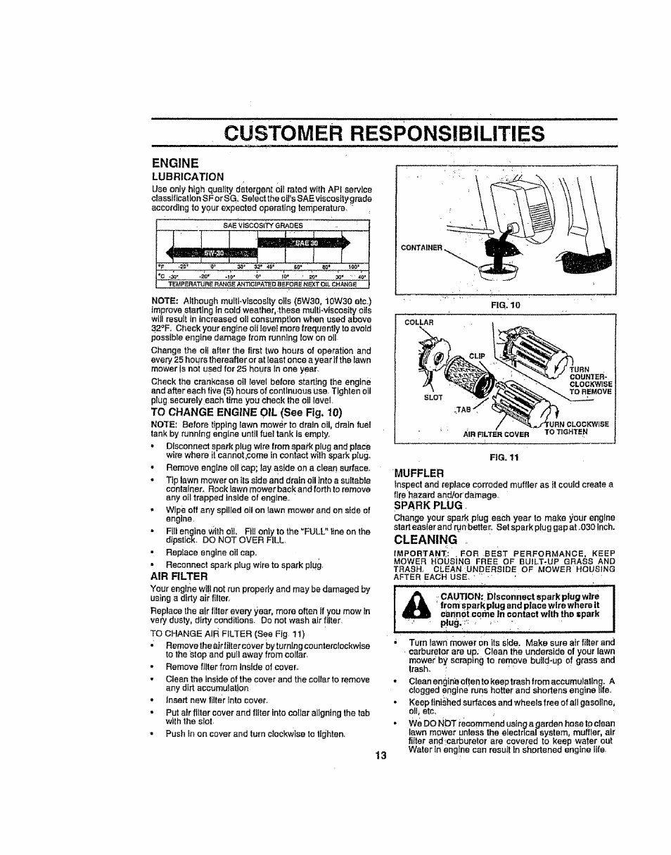 Engine, Cleaning, Customer responsibílities | Ipwao | Sears 917386121 User Manual | Page 13 / 24