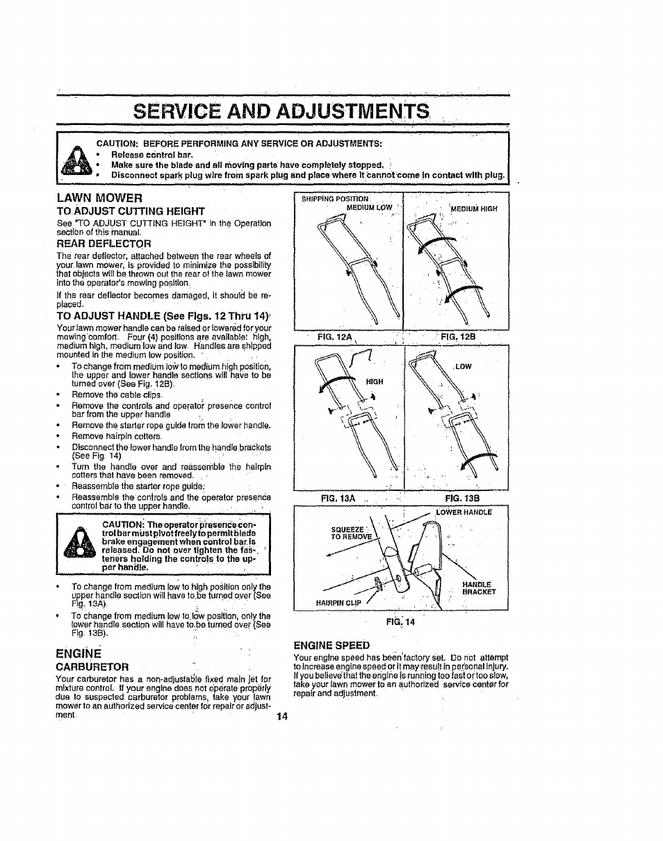 Service and adjustments, Lawn mower, Engine | Sears 917386121 User Manual | Page 14 / 24