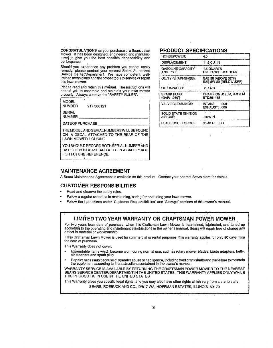 Product specifications, Maintenance agreement, Yiyjlyepywo year warranty on craftsman power mower | Customer | Sears 917386121 User Manual | Page 3 / 24