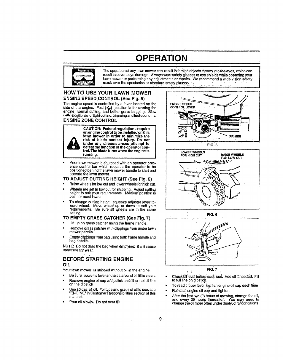 Fias, Operation, How to use your lawn mower | Before starting engine | Sears 917386121 User Manual | Page 9 / 24