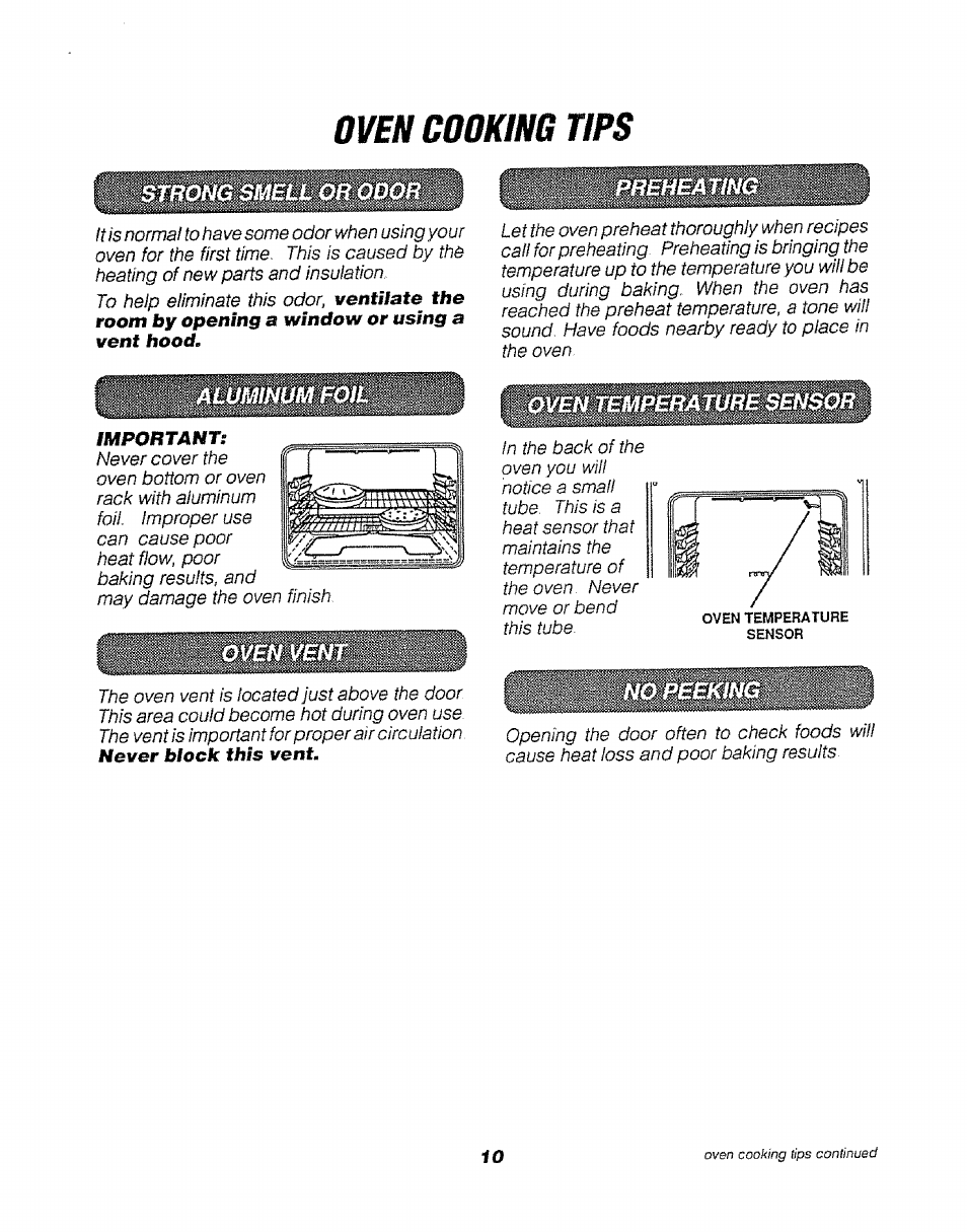 Strong smell or odor, Aluminum foil, Oven cooking tips | Sears KENMORE 911.47466 User Manual | Page 10 / 50