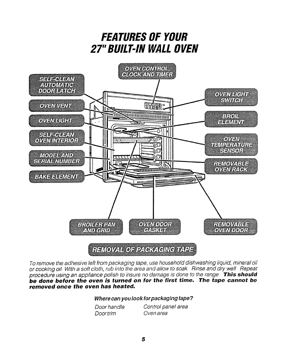 Features of your 27“ built-in wall oven, Broiler pan and grid, Oven door gasket | Removable oven door, Removal of packaging tape, Features of your, Built-in wall oven | Sears KENMORE 911.47466 User Manual | Page 5 / 50