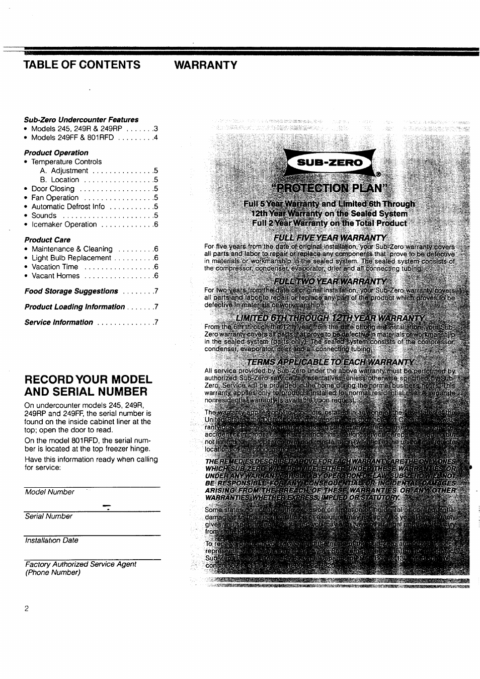 Table of contents warranty, Record your model and serial number, Protection plan | Sears 249RP User Manual | Page 2 / 8