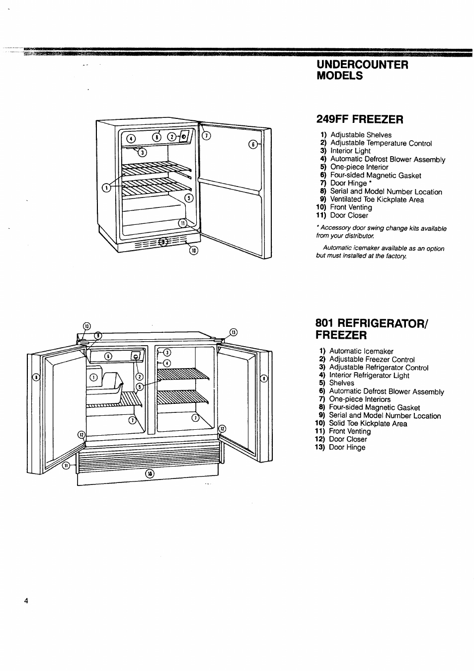Undercounter, Models, 249ff freezer | 801 refrigerator/ freezer, Undercounter models 249ff freezer | Sears 249RP User Manual | Page 4 / 8