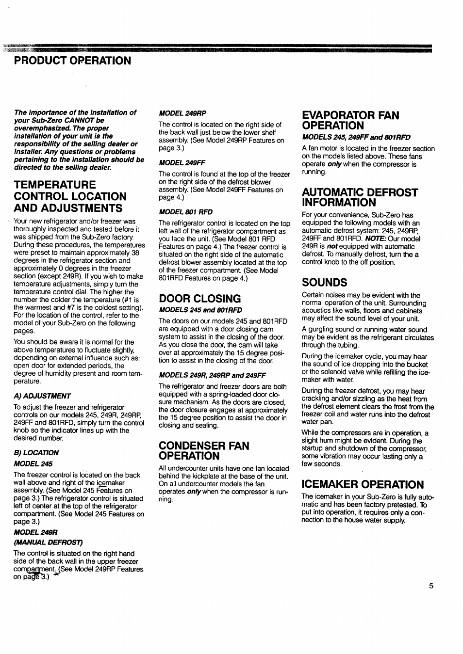 Product operation, Temperature control location and adjustments, Door closing | Condenser fan operation, Evaporator fan operation, Automatic defrost information, Sounds, Icemaker operation | Sears 249RP User Manual | Page 5 / 8