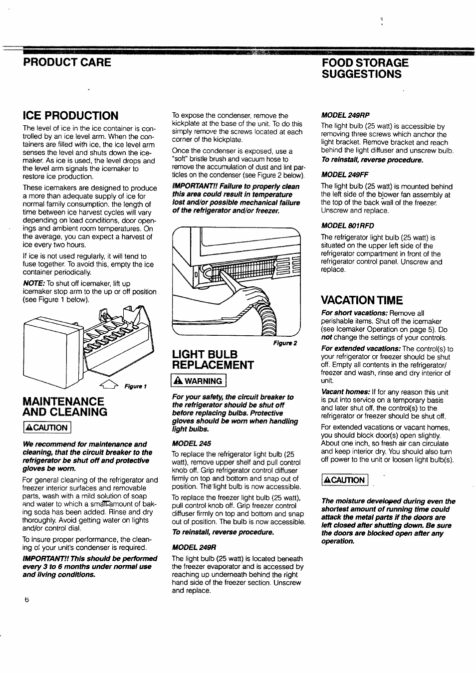 Food storage suggestions, Ice production, Maintenance and cleaning | Light bulb replacement, Vacation time, Maintenance & cleaning, Light bulb replacement • vacation time | Sears 249RP User Manual | Page 6 / 8