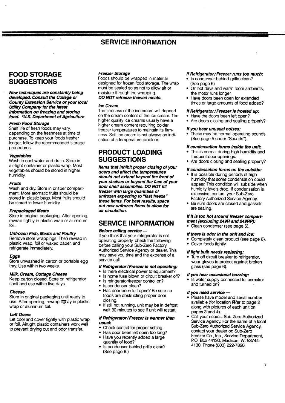 Service information, Food storage suggestions, Product loading suggestions | Service information food storage suggestions | Sears 249RP User Manual | Page 7 / 8