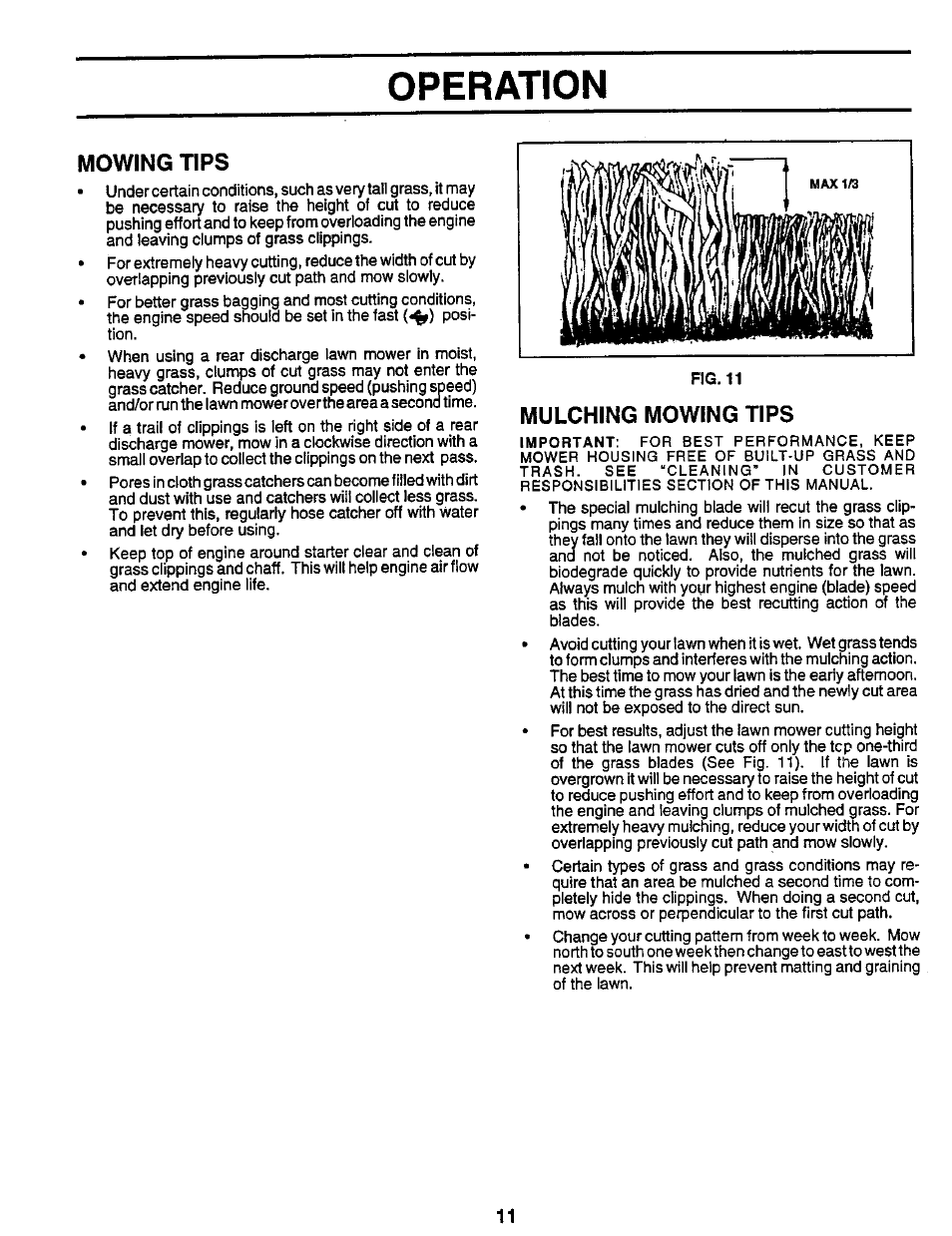 Mowing tips, Mulching mowing tips, Operation | Sears 917.373981 User Manual | Page 11 / 26