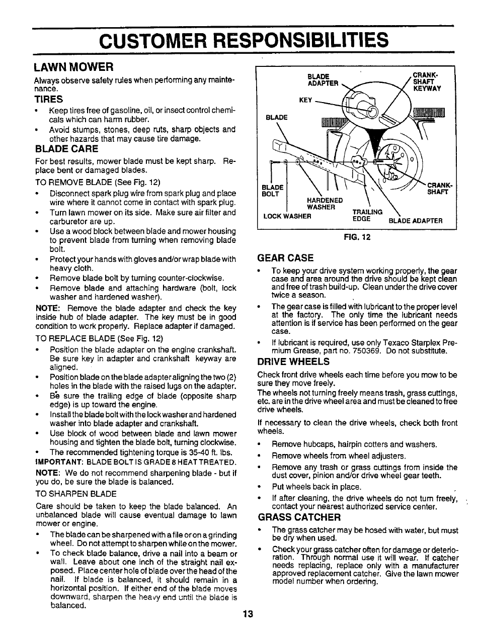 Tires, Blade care, Gear case | Drive wheels, Grass catcher, Drivfe wheels, Customer responsibilities, Lawn mower | Sears 917.373981 User Manual | Page 13 / 26