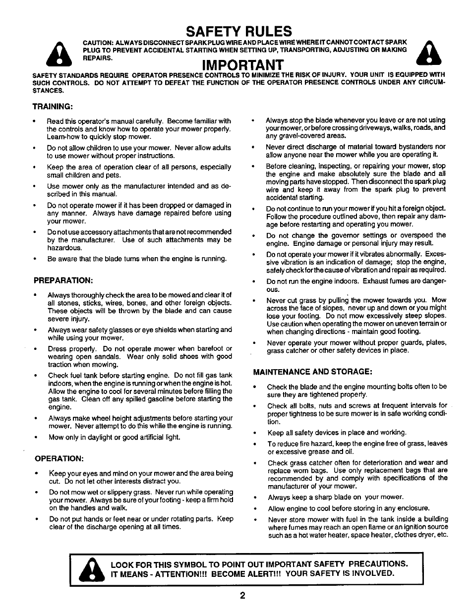 Training, Preparation, Operation | Maintenance and storage, Safety rules, Important | Sears 917.373981 User Manual | Page 2 / 26