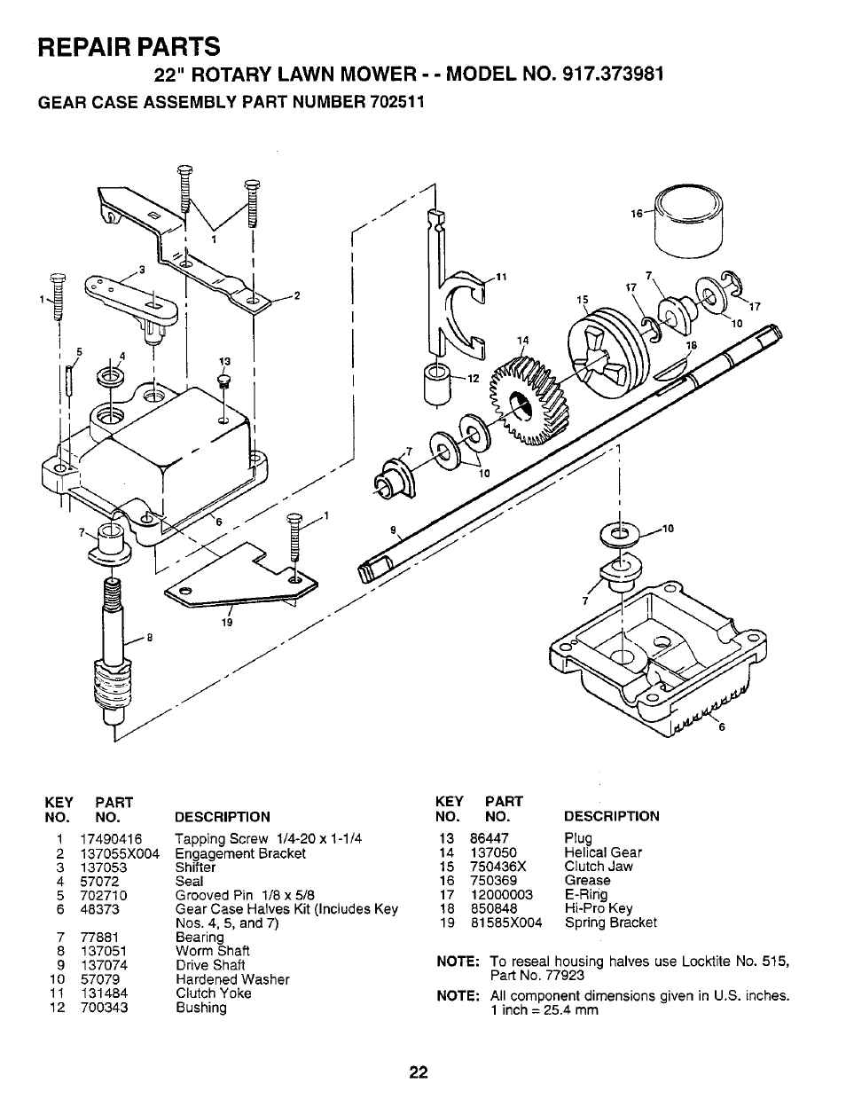 22" rotary lawn mower - ■ model no. 917.373981, Gear case assembly part number 702511, Repair parts | Sears 917.373981 User Manual | Page 22 / 26