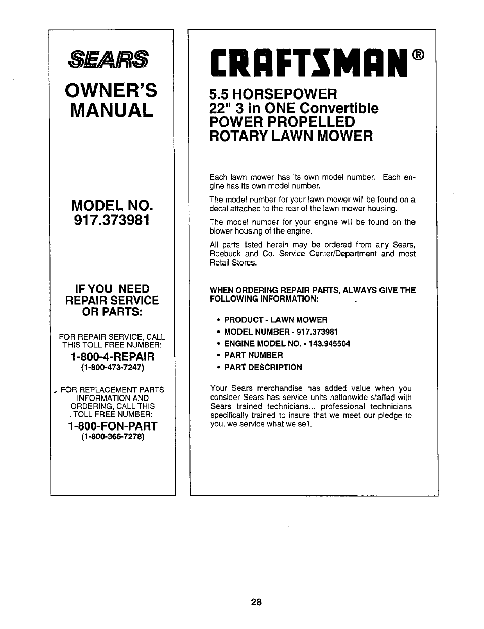 Owner’s, Manual, If you need repair service or parts | 800-4-repair, 800-fon-part, Craftsman, Product-lawn mower, Part number, Part description, Owner’s manual | Sears 917.373981 User Manual | Page 26 / 26