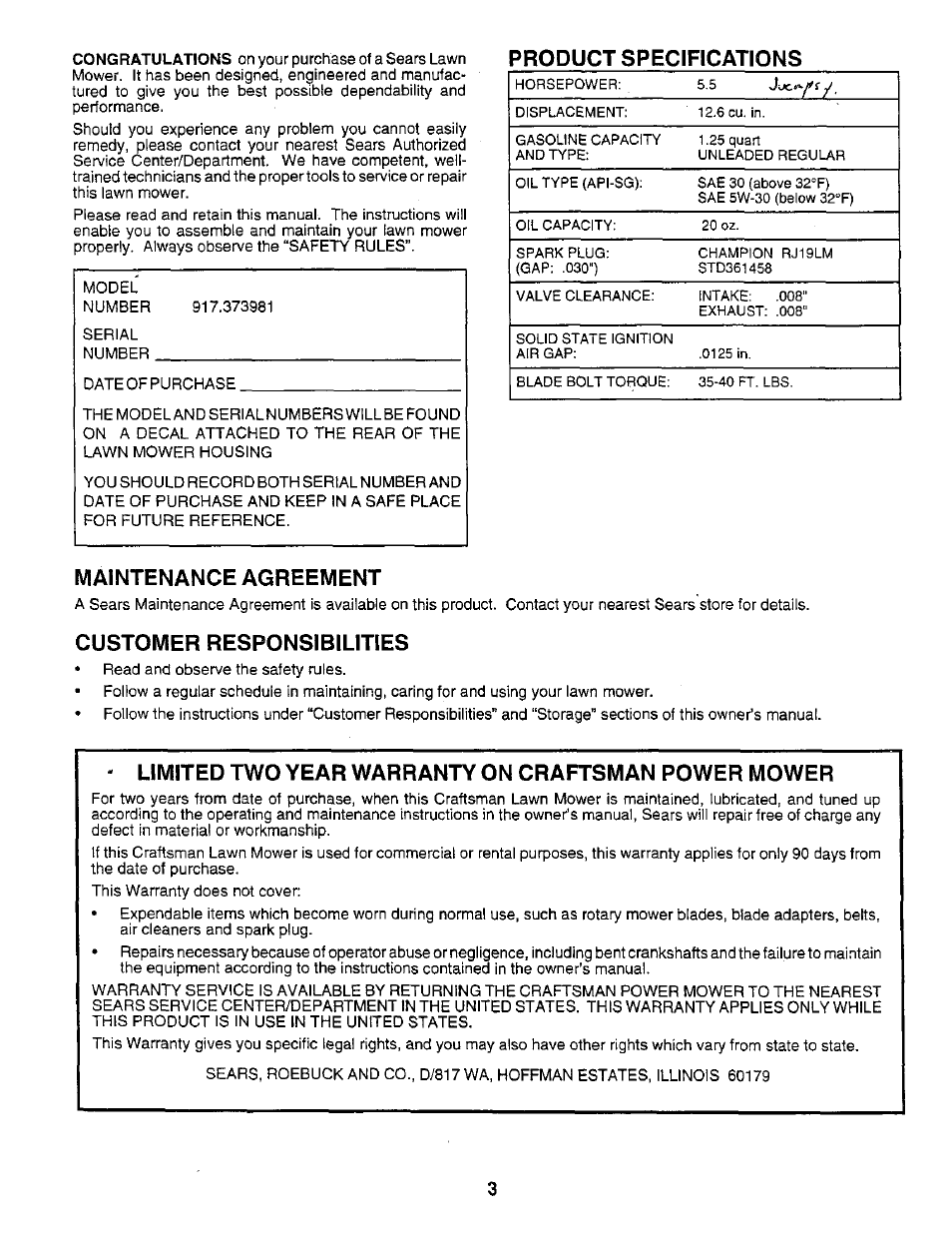 Product specifications, Maintenance agreement, Customer responsibilities | Limited two year warranty on craftsman power mower | Sears 917.373981 User Manual | Page 3 / 26