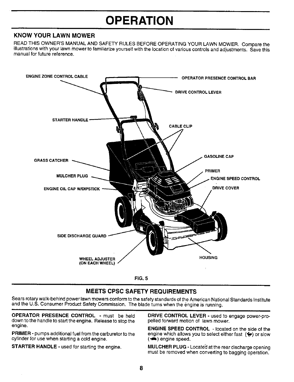 Know your lawn mower, Meets cpsc safety requirements, Operation | Sears 917.373981 User Manual | Page 8 / 26