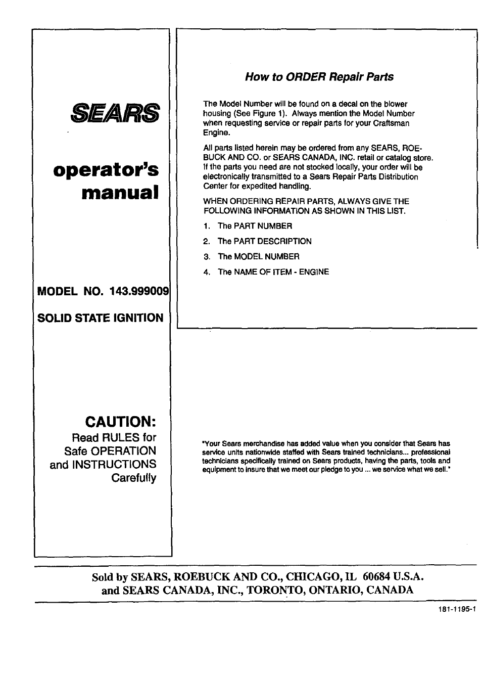 Operator’s manual, Caution | Sears 143.999 User Manual | Page 12 / 12
