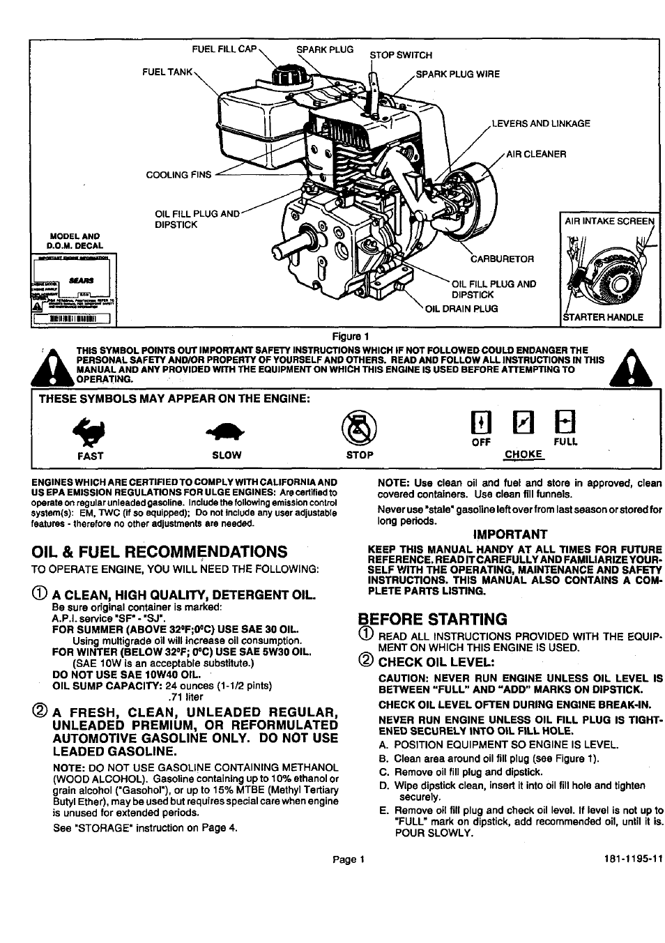 Oil & fuel recommendations, Before starting, 0 0 b | Sears 143.999 User Manual | Page 2 / 12