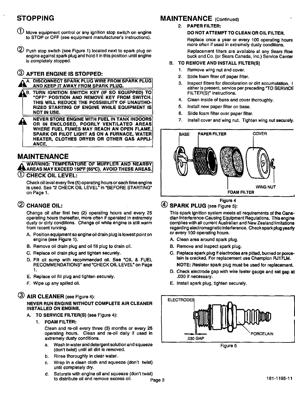 Stopping, Maintenance, After engine is stopped | Check oil level, Change oil, Spark plug, Air cleaner | Sears 143.999 User Manual | Page 4 / 12