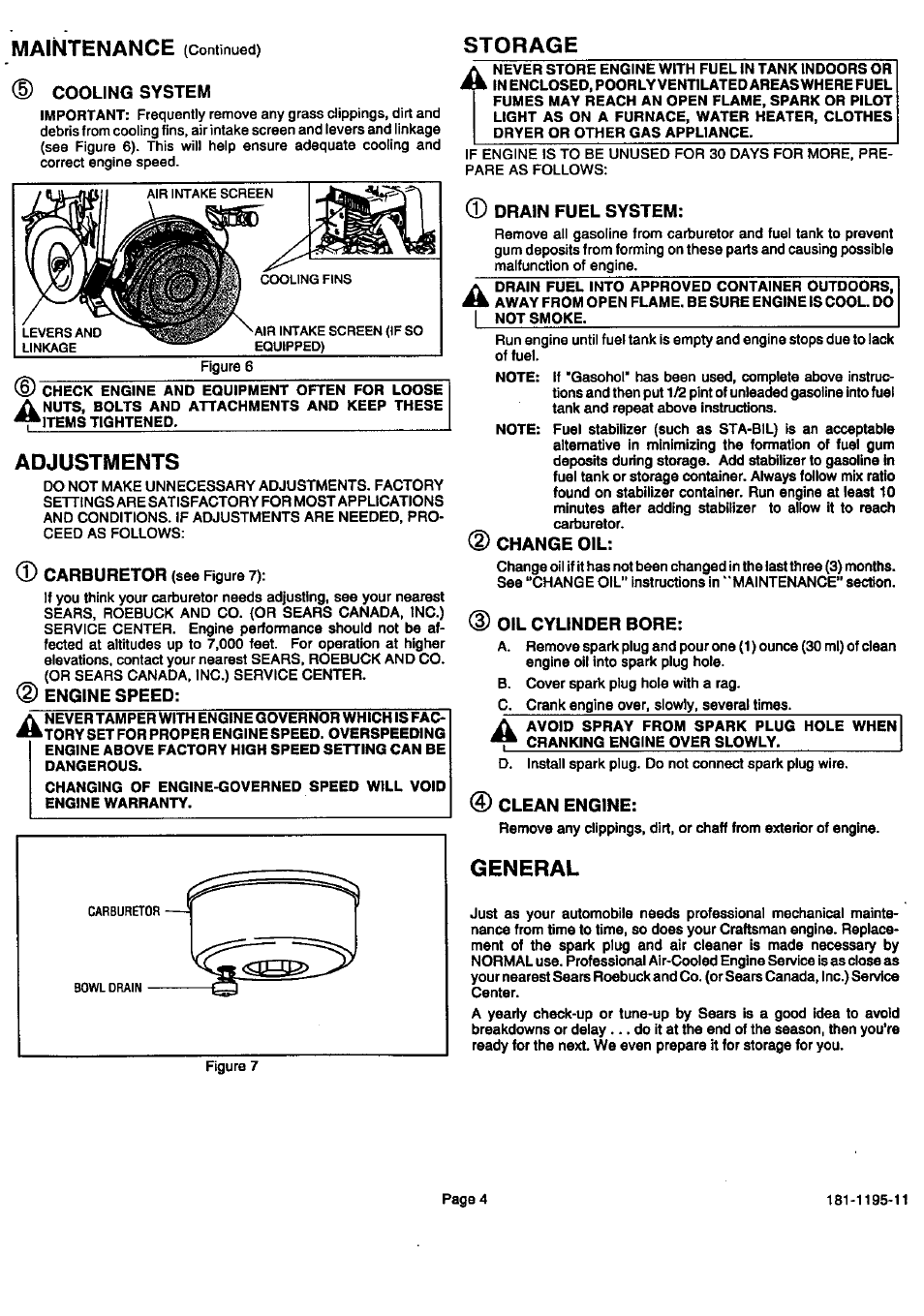 Adjustments, General, Maintenance | Storage a | Sears 143.999 User Manual | Page 5 / 12