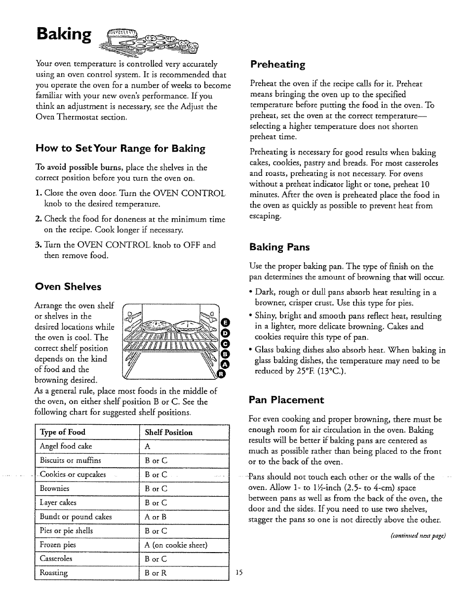 How to set your range for baking, Oven shelves, Preheating | Baking pans, Pslill р1з,с0г110г1, Baking | Sears 61118 User Manual | Page 15 / 44