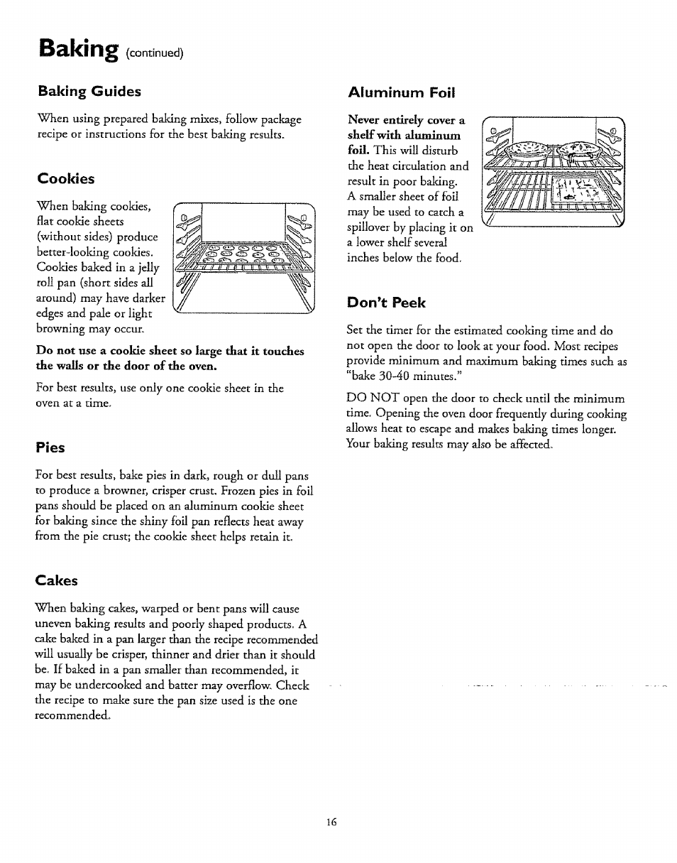 Baking, Bakrng guides, Cookies | Afuminum foil, Don’t peek, Cakes | Sears 61118 User Manual | Page 16 / 44