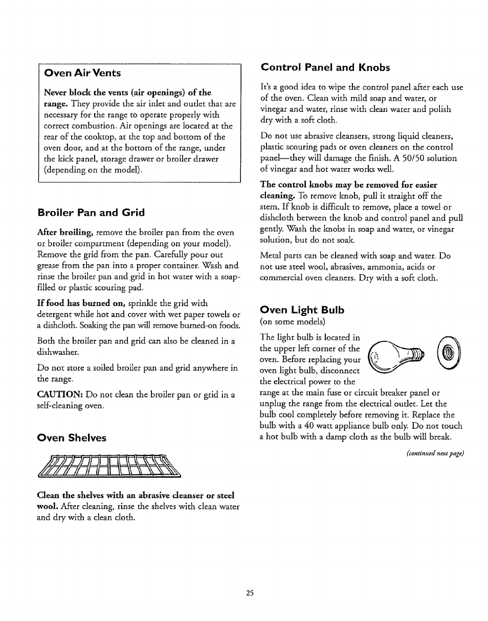 Broiler pan and grid, Oven shelves, C^onti”ol p3.nel sincl kinobs | Sears 61118 User Manual | Page 25 / 44