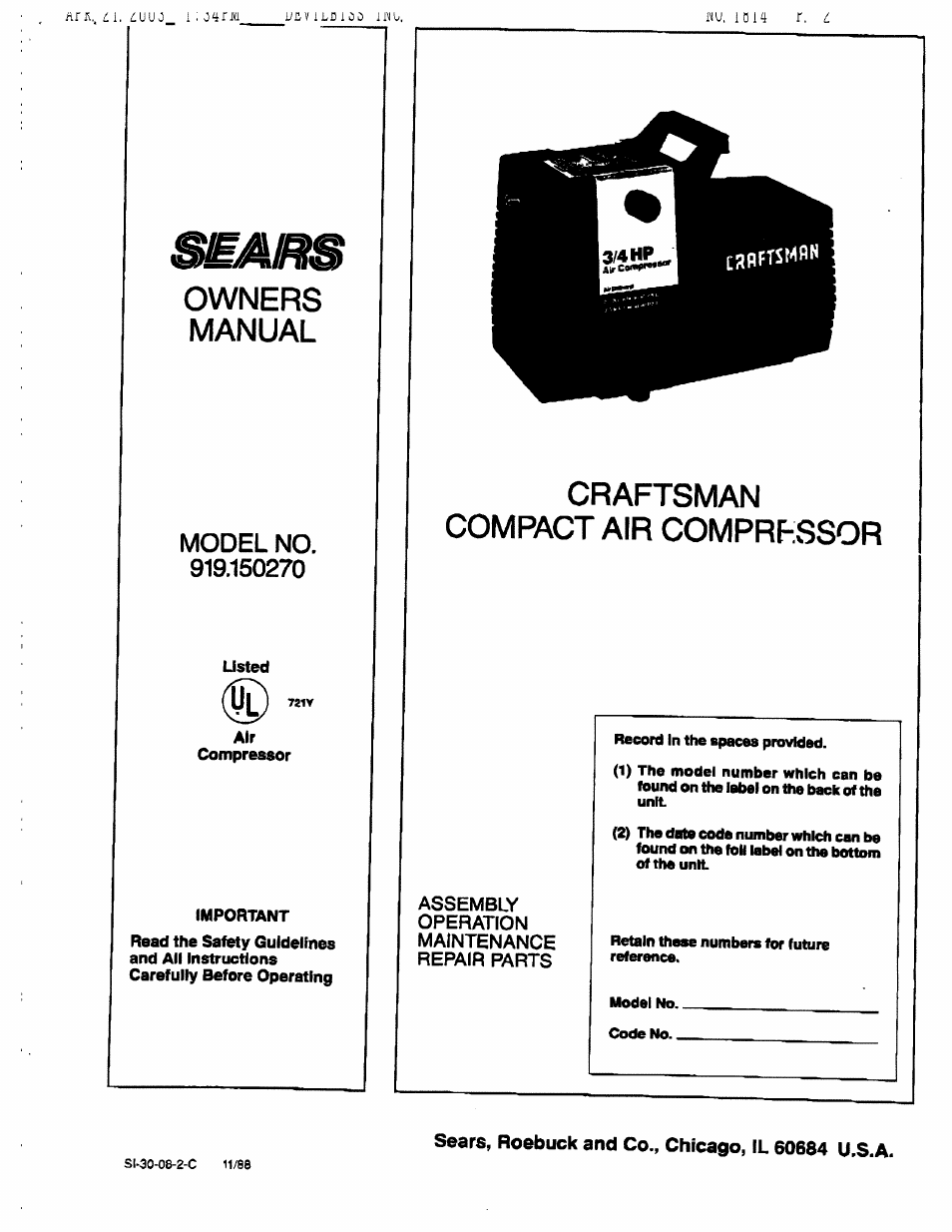 Sears Craftsman 919.150270 User Manual | 11 pages