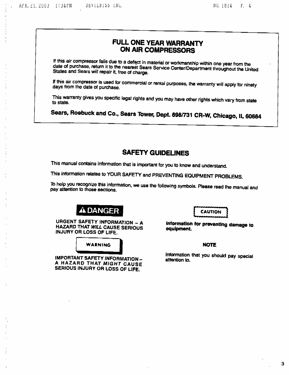 Füll one year warranty on air compressors, Safety guideunes, Adanger | Aflzl, zuuj r.z4m utvllülbb ini, nu. iö14 z. 4 | Sears Craftsman 919.150270 User Manual | Page 3 / 11
