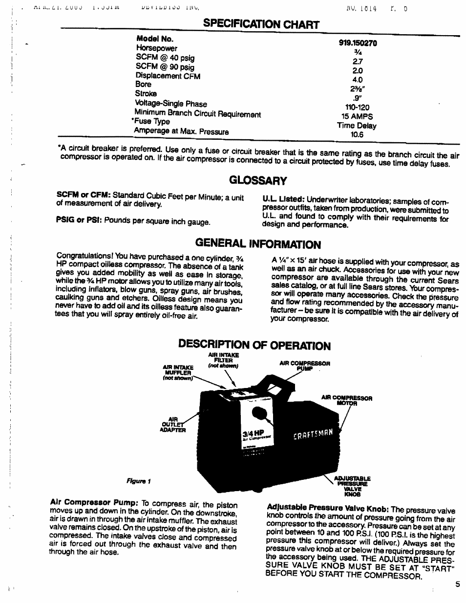 Specification chart, Glx>ssary, General information | Description of operation, Glossary | Sears Craftsman 919.150270 User Manual | Page 5 / 11