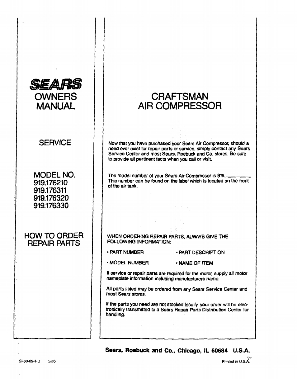 Model no, Owners manual, Craftsman air compressor | Service model no, How to order repair parts | Sears 919.17632 User Manual | Page 16 / 16