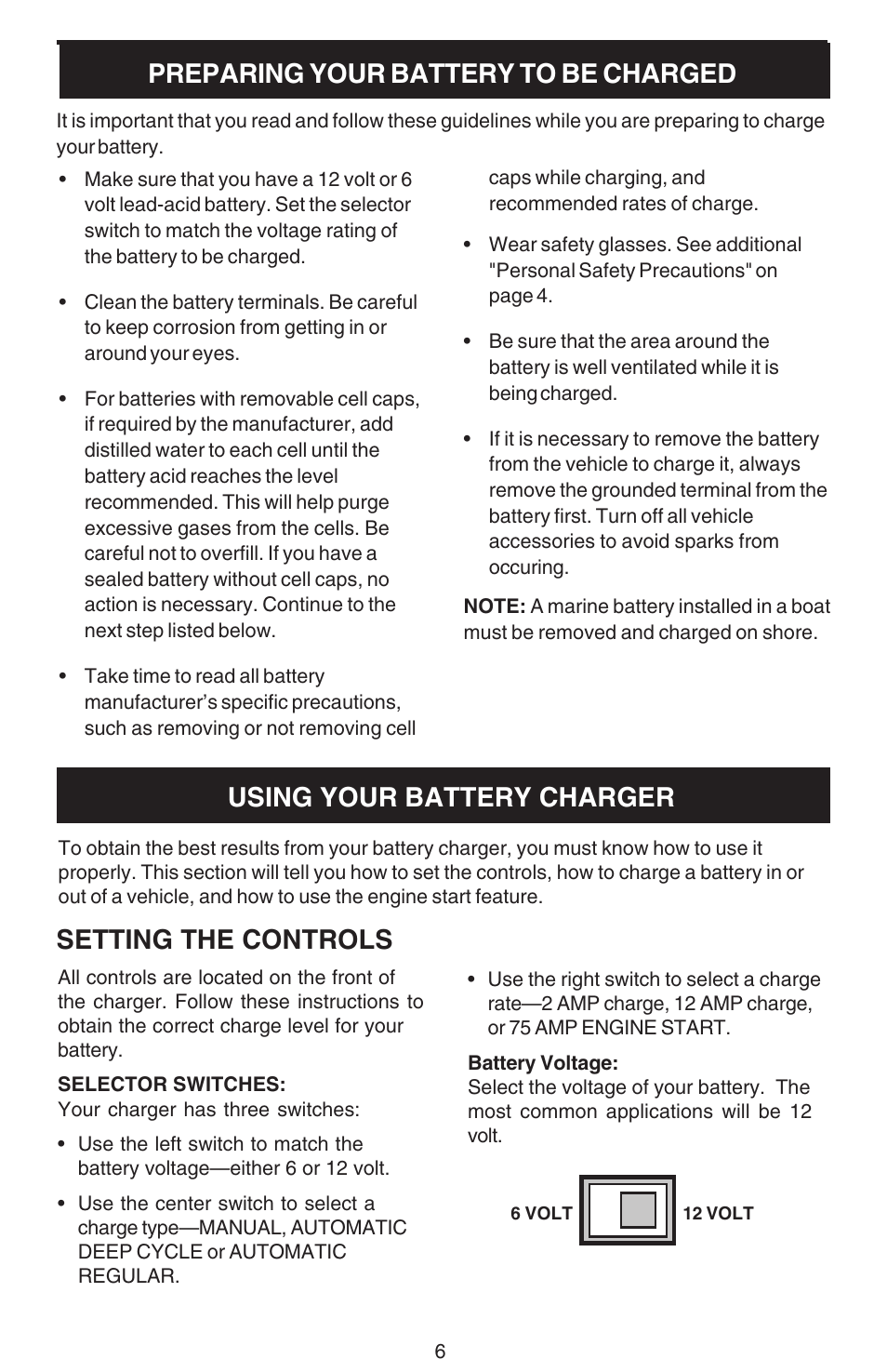 Safety parts troubleshooting operation maintenance, Using your battery charger, Setting the controls | Preparing your battery to be charged | Sears 200.713121 User Manual | Page 6 / 16