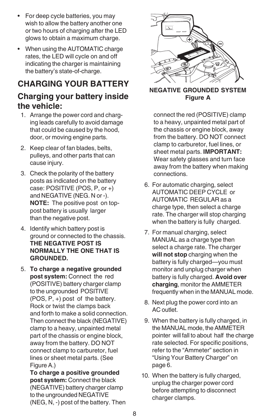 Safety parts troubleshooting operation maintenance, Charging your battery inside the vehicle, Charging your battery | Sears 200.713121 User Manual | Page 8 / 16