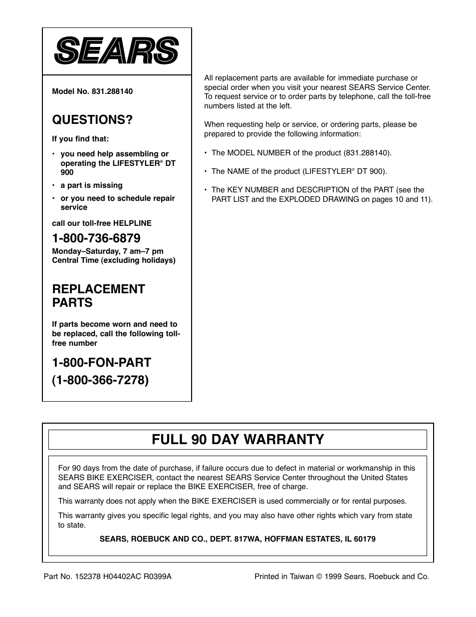 Full 90 day warranty, Questions, Replacement parts | Sears 831.288140 User Manual | Page 12 / 12