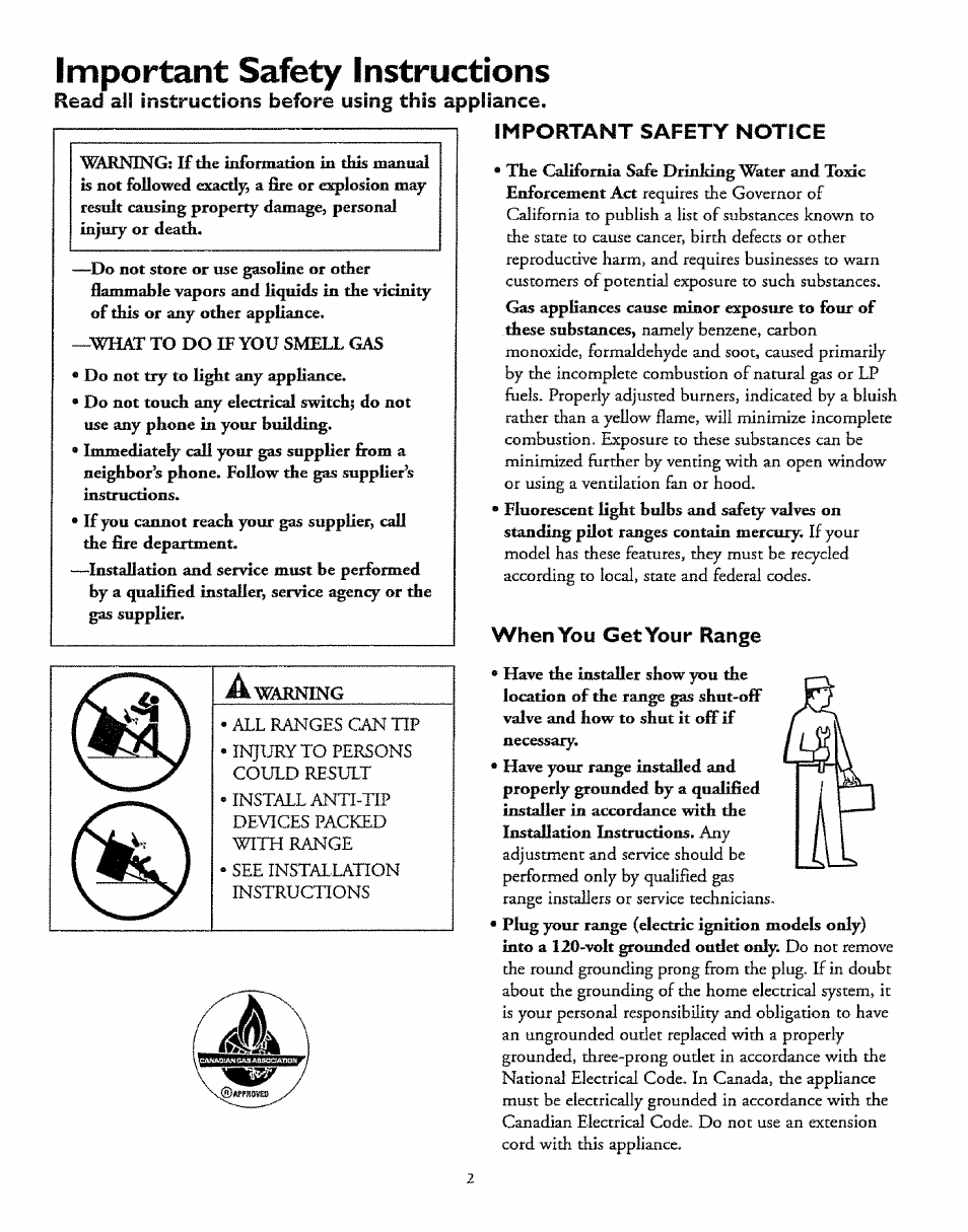 Important safety instructions, G|j before using this epplia^nce, Important safety notice | When you get your range | Sears 72671 User Manual | Page 2 / 47