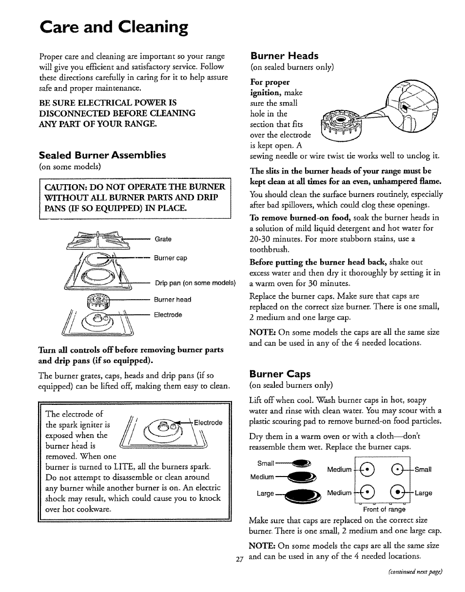 Care and cleaning, Sealed burner assemblies, Burner heads | Bui*ri©t* cstps | Sears 72671 User Manual | Page 27 / 47