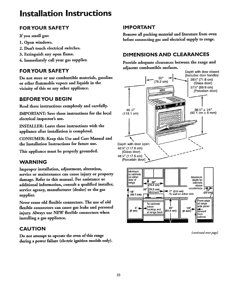 Installation instructions, For your safety, Beforeyou begin | Warning, Caution, Important, Dimensions and clearances, Your safety | Sears 72671 User Manual | Page 33 / 47