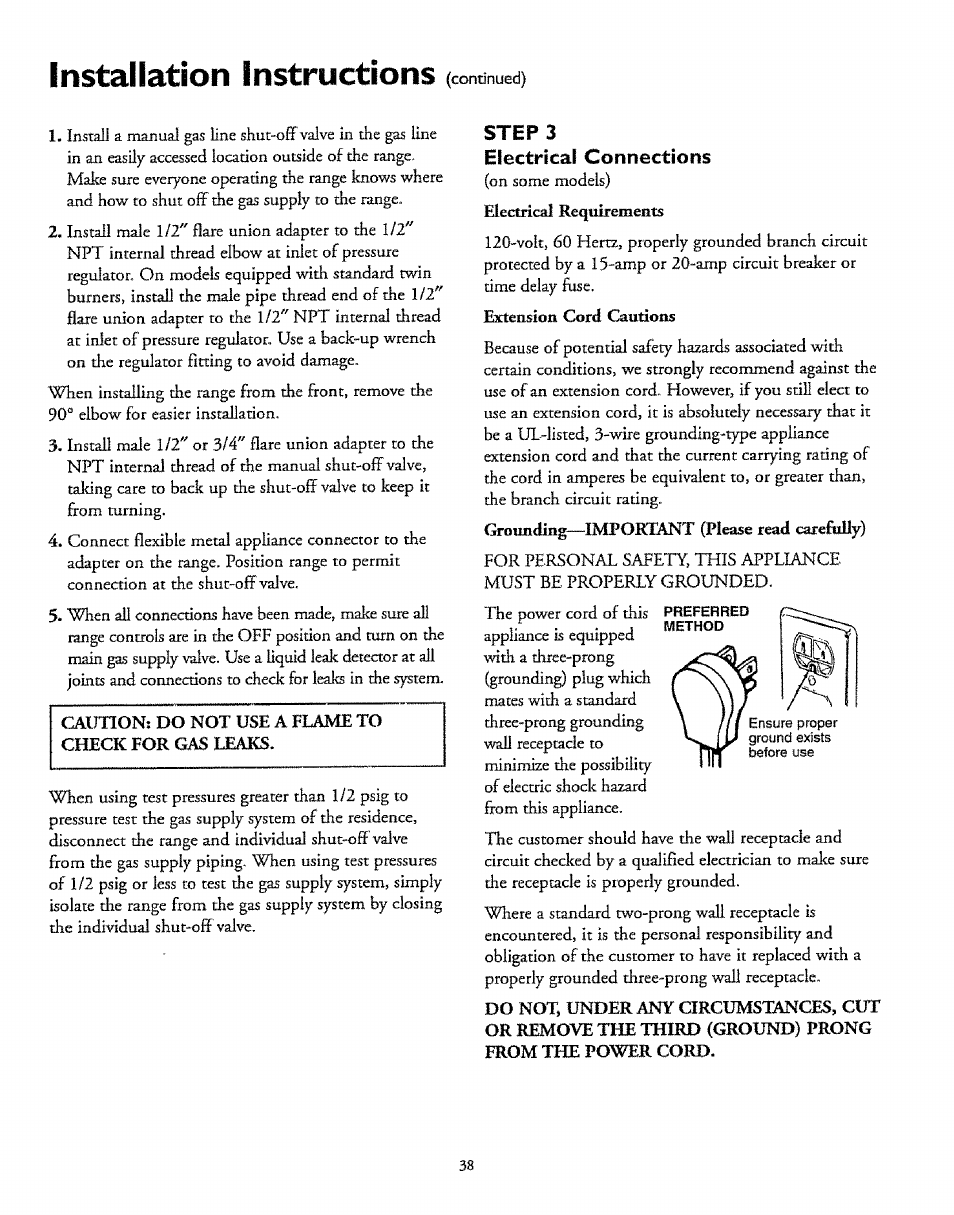 Step 3, Electrical connections, Installation instructions | Step 3 electrical connections | Sears 72671 User Manual | Page 38 / 47