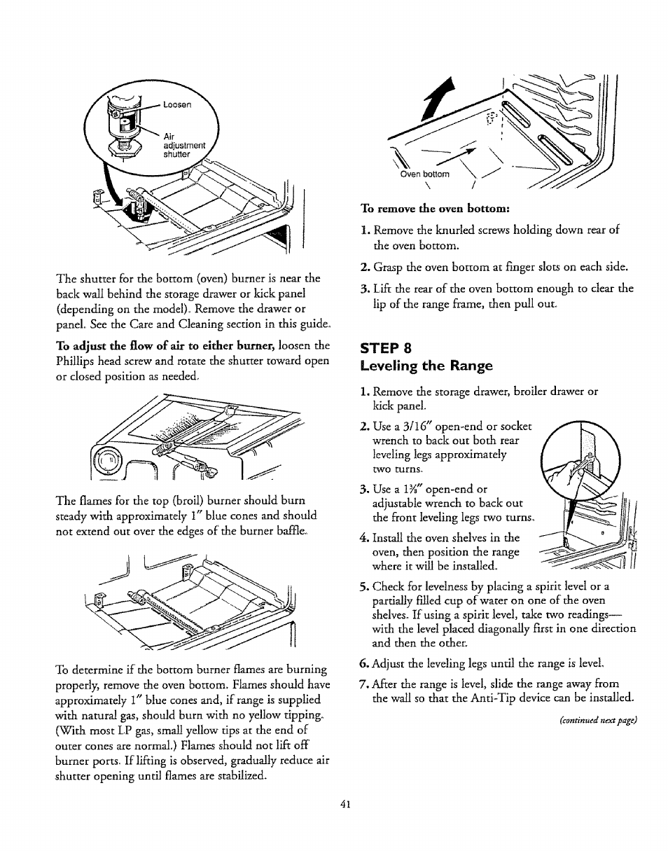 Steps, Leveling the range, Steps leveling the range | Lb remove the oven bottom | Sears 72671 User Manual | Page 41 / 47