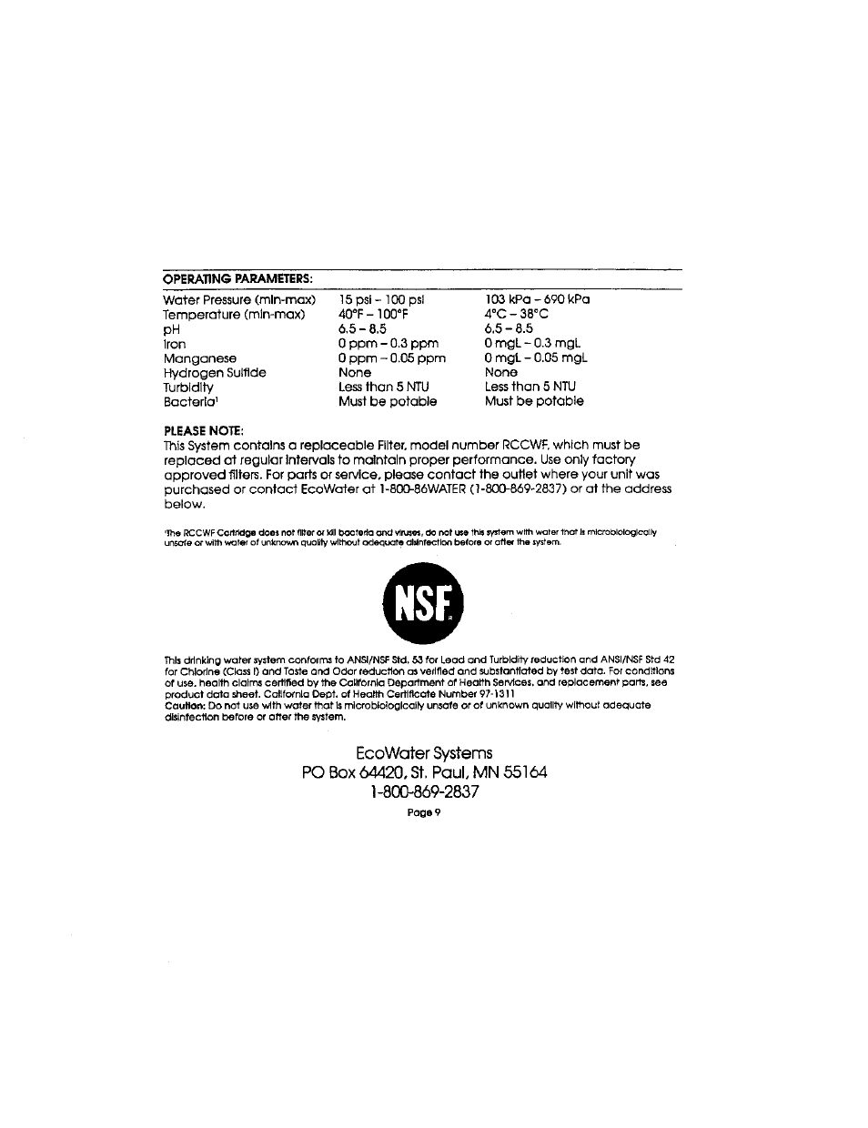 Sears EcoWater CWF User Manual | Page 10 / 10