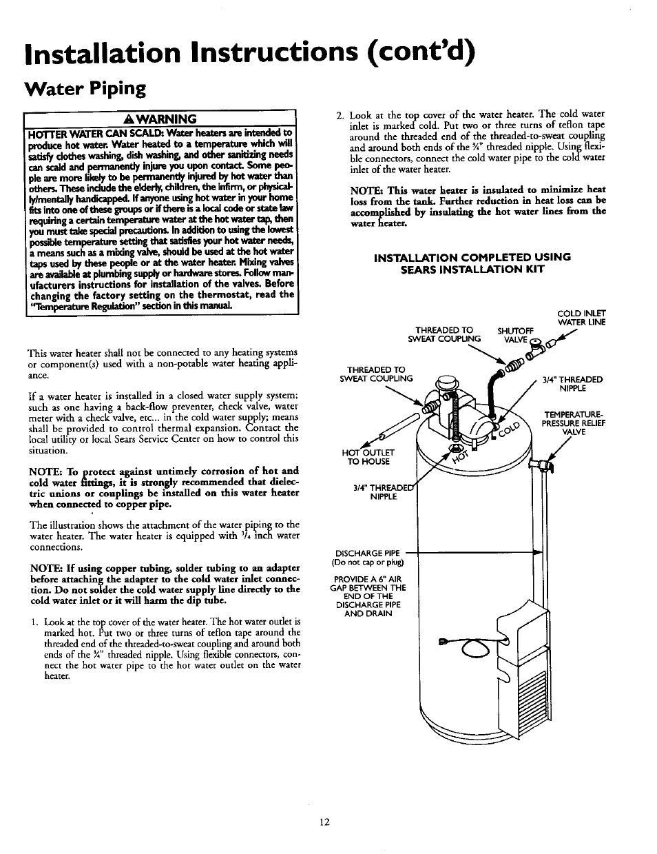 Installation instructions (contad), Water piping | Sears POWER MISER 153.335914 User Manual | Page 12 / 36