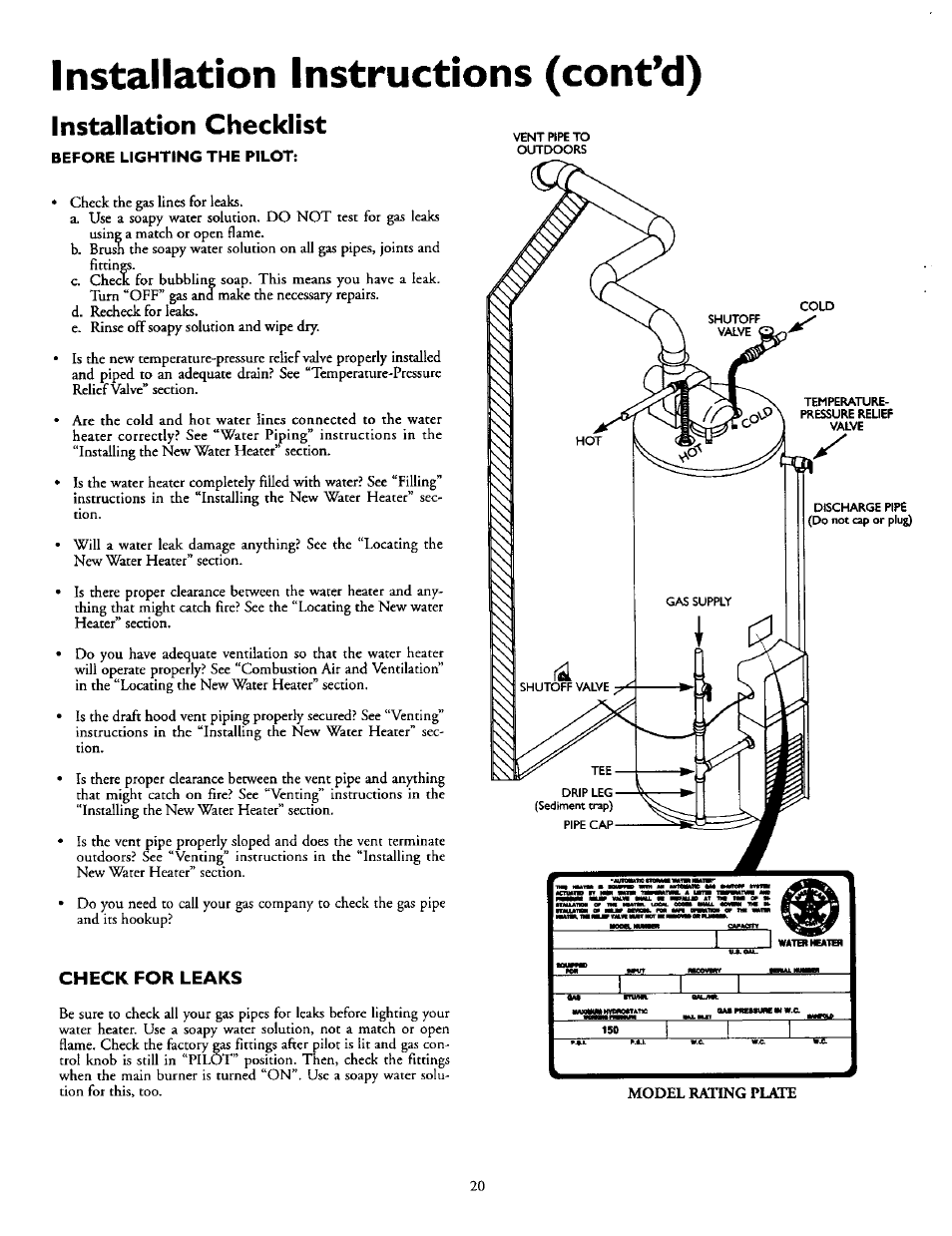 Installation checklist, Check for leaks, Installation instructions (cont*d) | Sears POWER MISER 153.335914 User Manual | Page 20 / 36