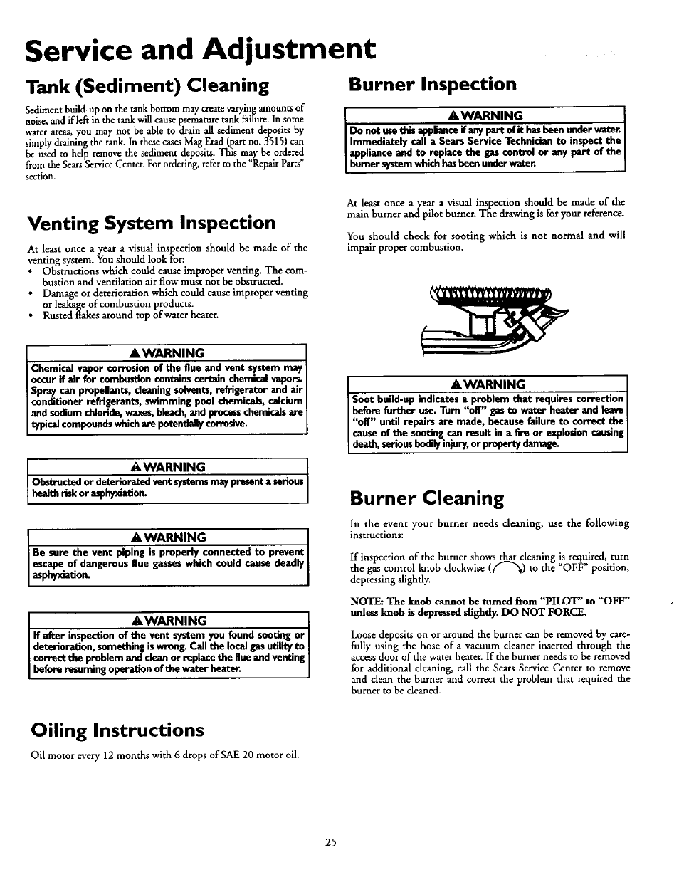 Tank (sediment) cleaning, Burner inspection, Awarning | Venting system inspection, Burner cleaning, Oiling instructions, Venting system inspection oiling instructions, Burner inspection burner cleaning, Service and adjustment | Sears POWER MISER 153.335914 User Manual | Page 25 / 36