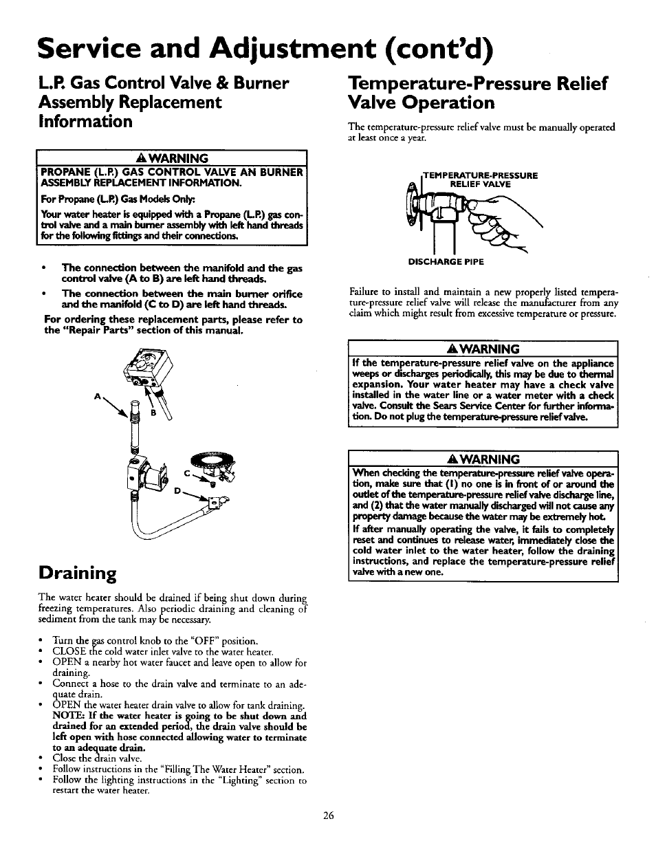 Awarning, Draining, Temperature-pressure relief valve operation | Service and adjustment (contad) | Sears POWER MISER 153.335914 User Manual | Page 26 / 36